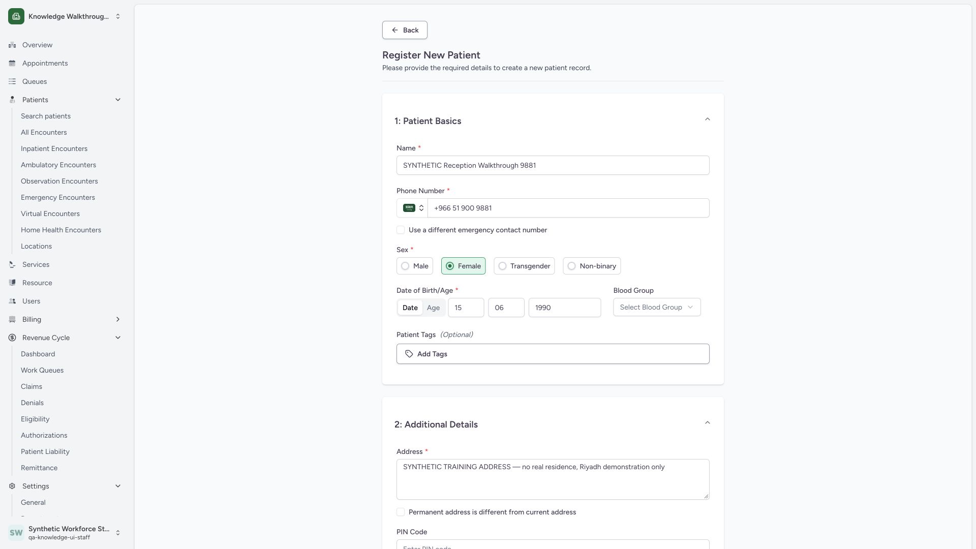 Review synthetic name, contact and date before registration. Actual wide MANSOQ synthetic Staff patient workflow.