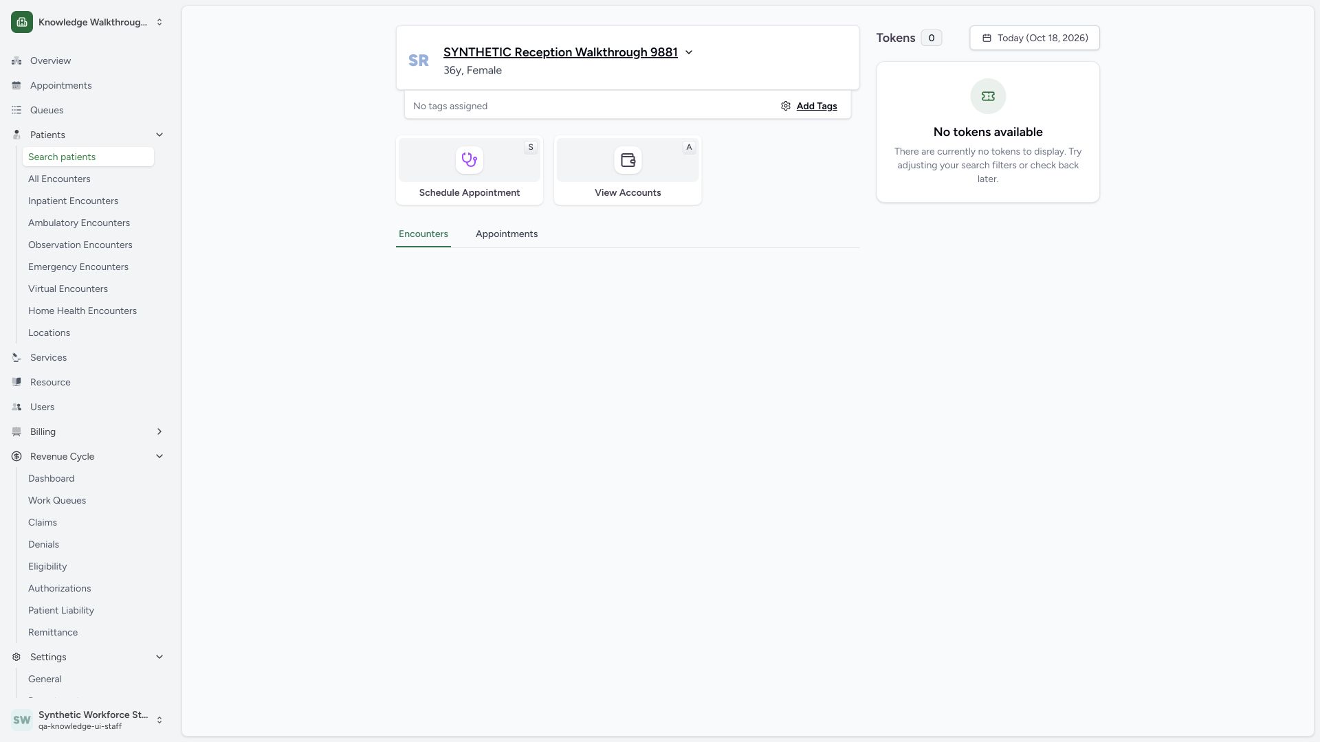 Verify registration without assuming an encounter was created. Actual wide MANSOQ synthetic Staff patient workflow.
