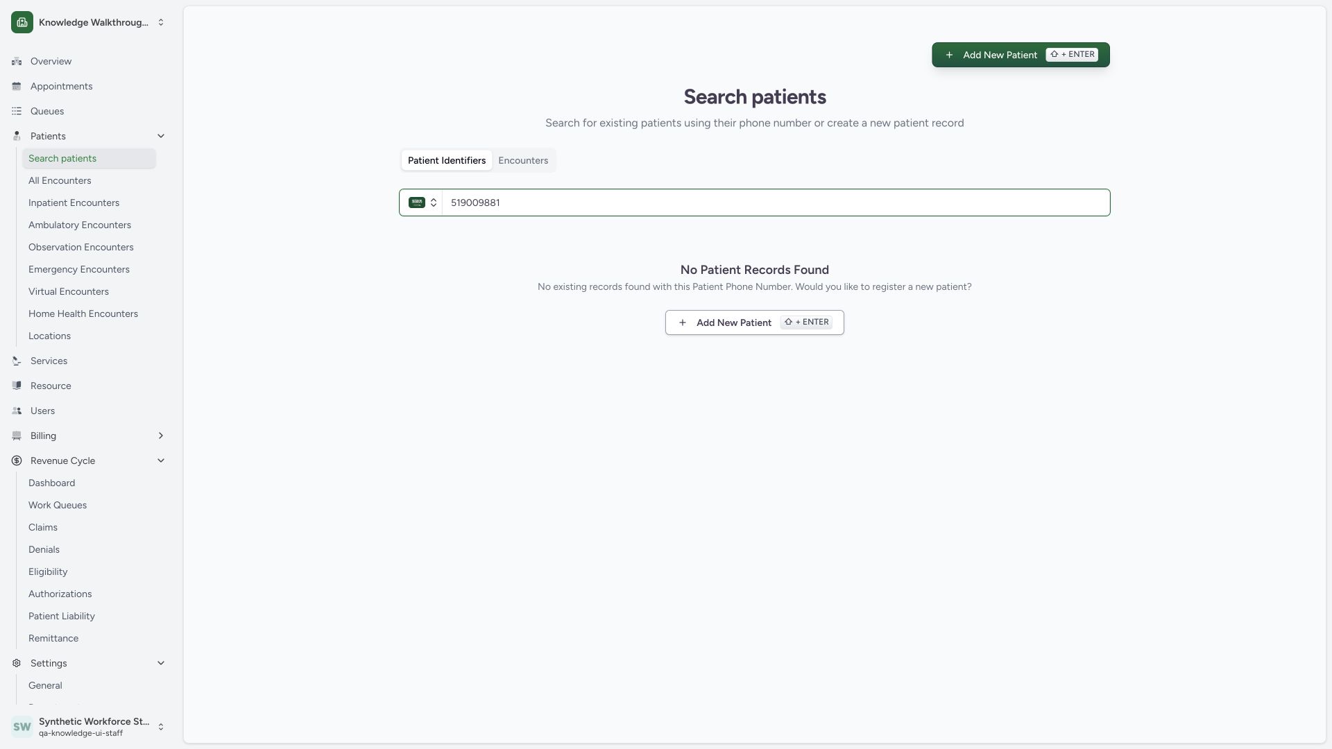 Search before creating a synthetic patient. Actual wide MANSOQ synthetic Staff patient workflow.