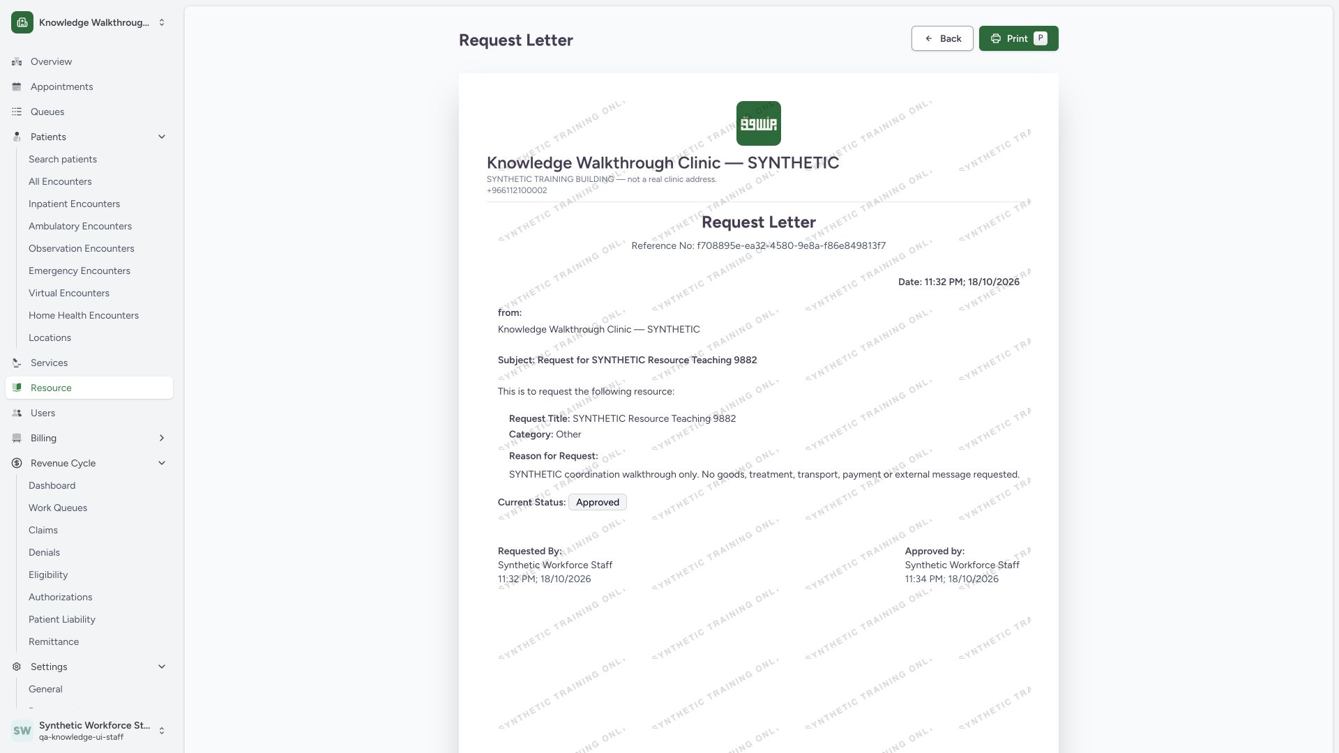 Review the request letter populated from the saved Approved record. Actual wide MANSOQ synthetic Staff own-origin synthetic resource coordination, comments and request letter view.