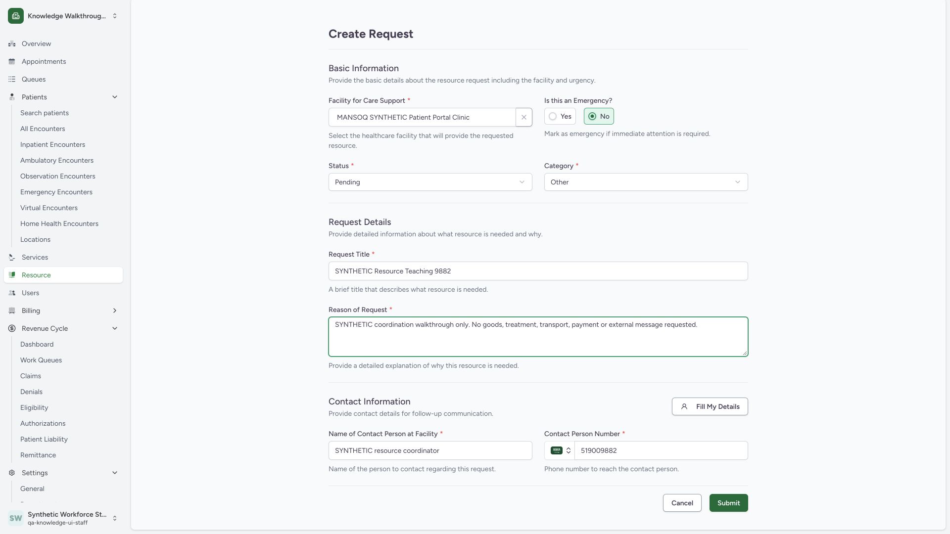 Review the synthetic Pending resource request. Actual wide MANSOQ synthetic Staff own-origin synthetic resource coordination, comments and request letter view.