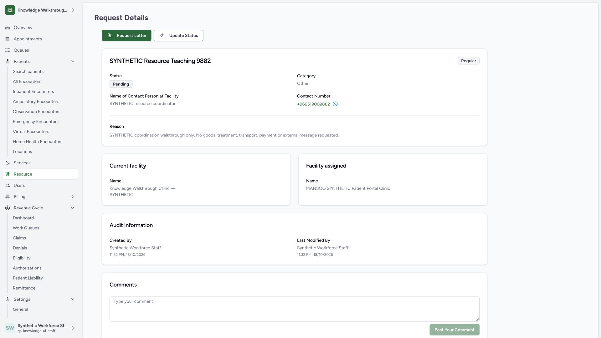 Verify the saved Pending request and both facilities. Actual wide MANSOQ synthetic Staff own-origin synthetic resource coordination, comments and request letter view.