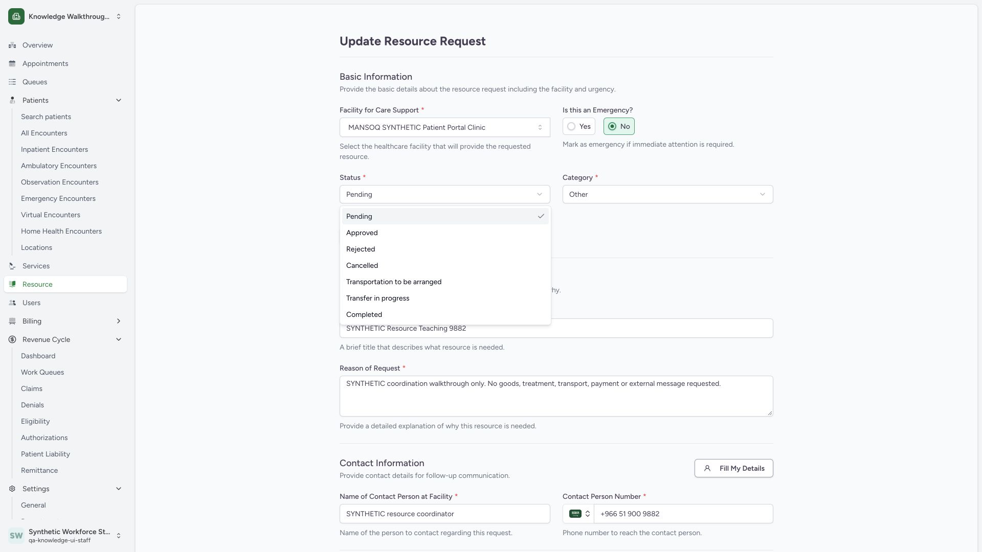 Review all seven status options without implying delivery. Actual wide MANSOQ synthetic Staff own-origin synthetic resource coordination, comments and request letter view.