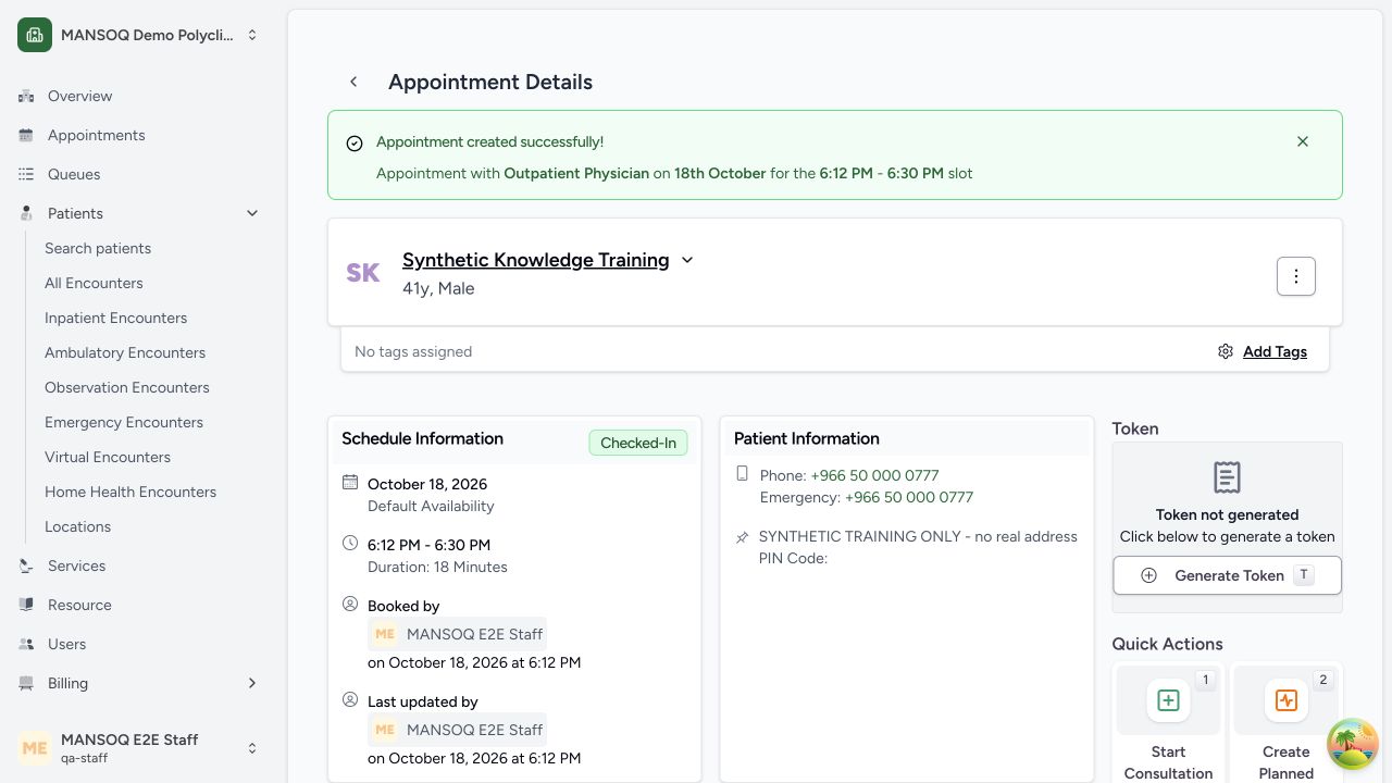 Checked-in appointment status in the real MANSOQ application using explicitly synthetic training records.