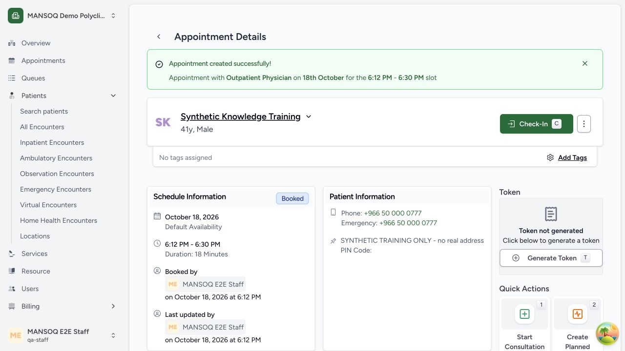 Appointment booking success and check-in action in the real MANSOQ application using explicitly synthetic training records.