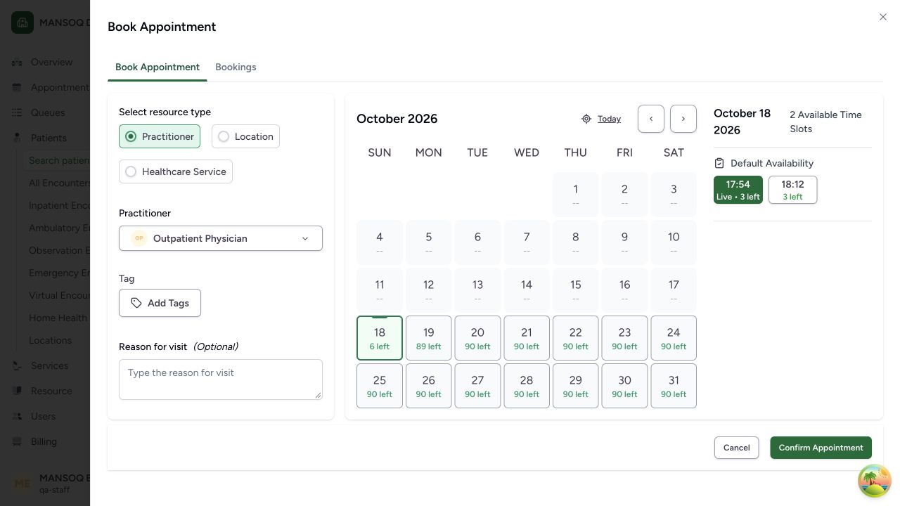 Choose practitioner and available appointment slot in the real MANSOQ application using explicitly synthetic training records.