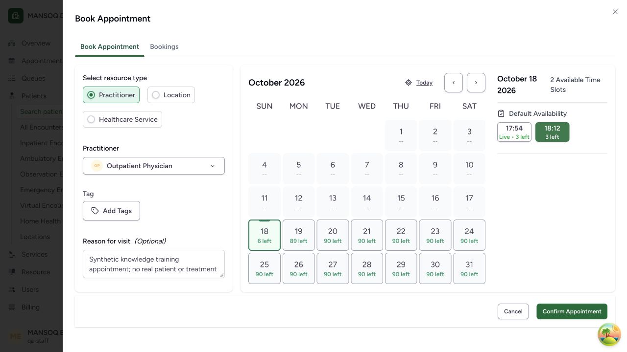 Review and confirm a synthetic appointment in the real MANSOQ application using explicitly synthetic training records.
