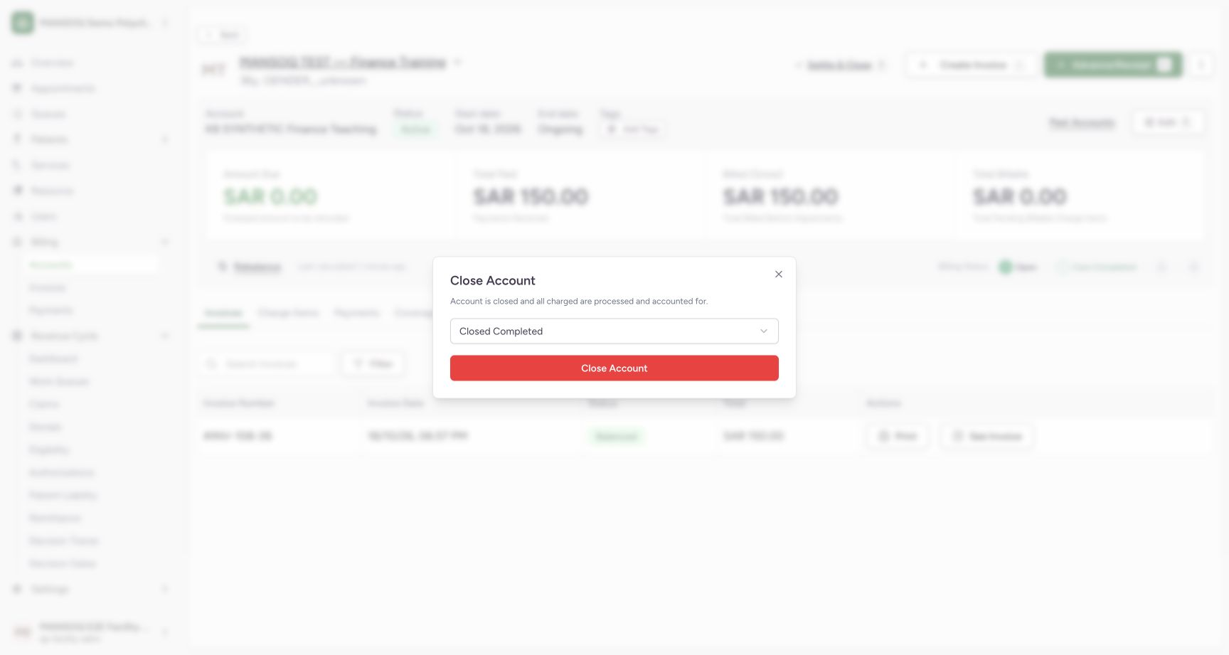 The settled synthetic account is closed using Closed Completed. The dialog initially defaults to Closed Bad Debt, so users must deliberately choose the outcome that matches the real disposition.