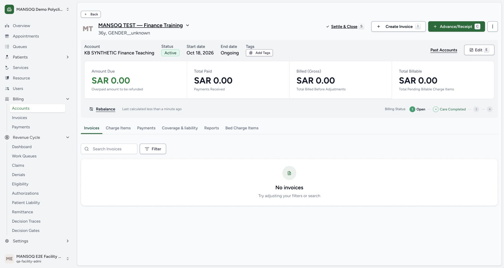 This dedicated synthetic finance account starts with no invoices or charges and zero calculated totals. It is separate from the clinical teaching patient account.