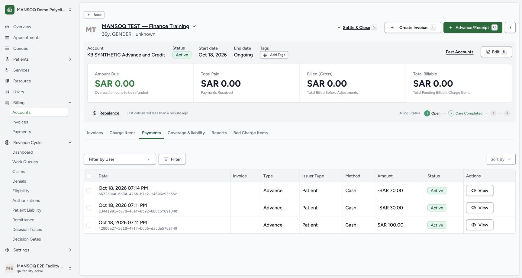 After a separate 70 SAR remaining return, the ledger retains all three entries: 100 SAR advance, -30 SAR partial credit and -70 SAR remaining credit. Net recorded funds and account balance are zero; no invoice or real money movement exists.