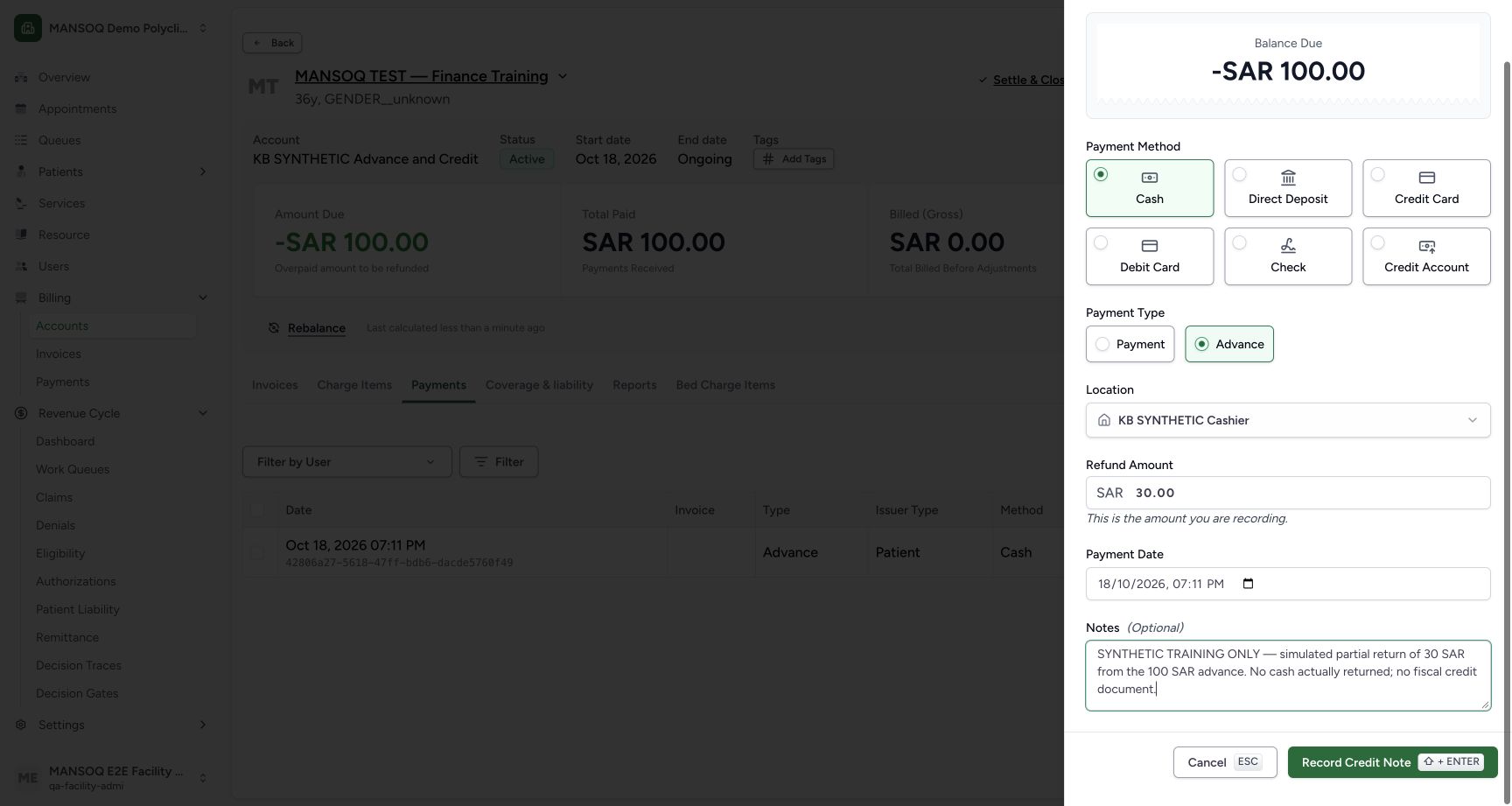 The real Record Credit Note form records a synthetic 30 SAR partial return of the advance. This account-level billing record does not establish a fiscal correction document or an actual cash refund.