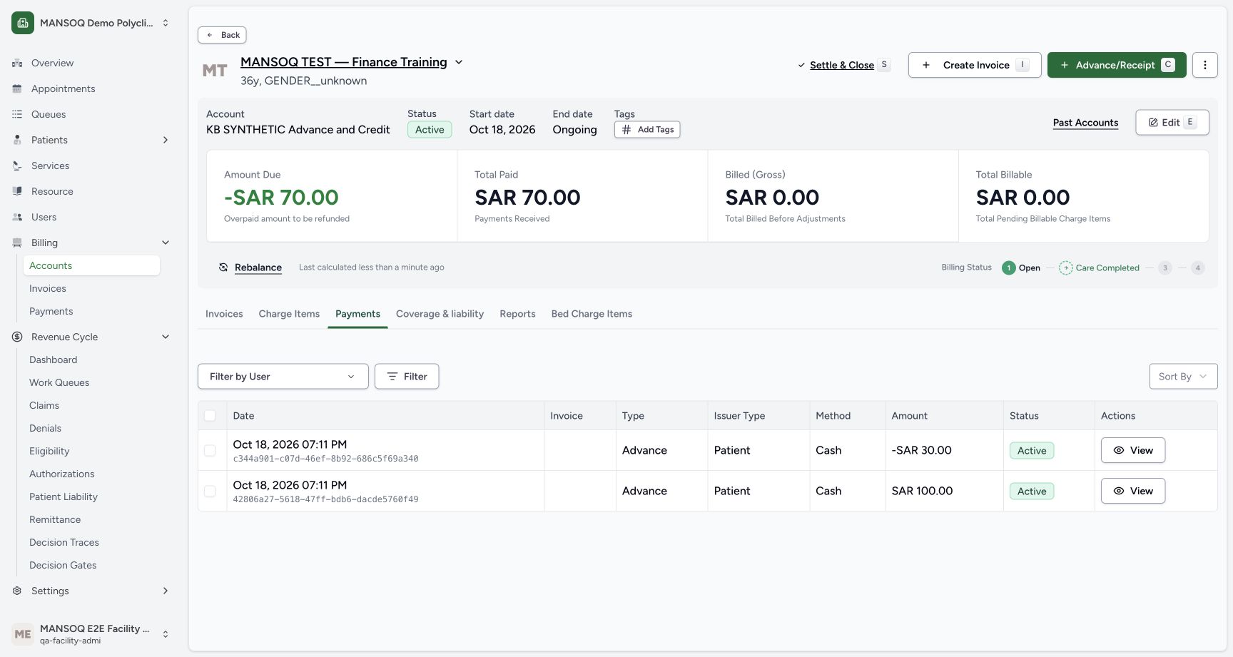 The account ledger retains the 100 SAR advance and displays the 30 SAR credit as -30 SAR, leaving 70 SAR net recorded funds and -70 SAR amount due. Database readback confirms positive stored amount30 plus is_credit_note=true.