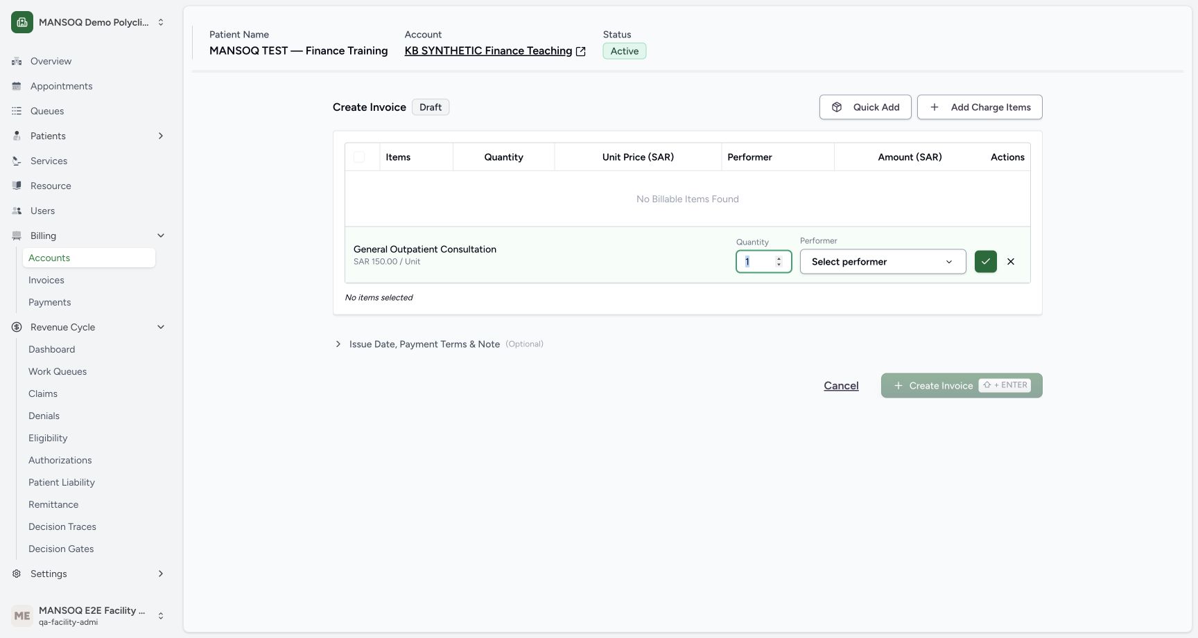 The real invoice form selects the configured General Outpatient Consultation teaching charge,150 SAR per unit, with quantity1. No care was delivered and no clinical performance attestation is implied.