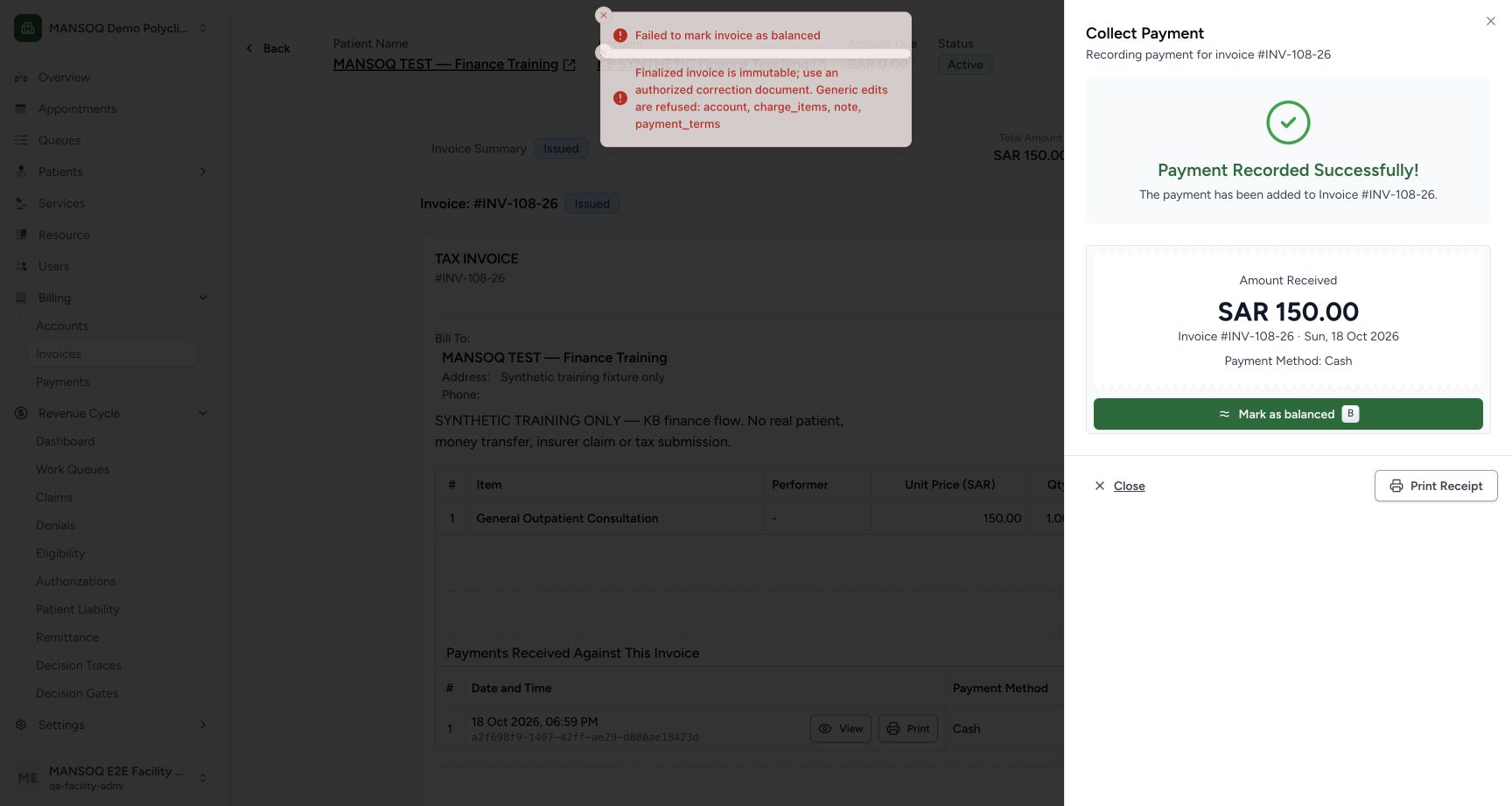 After a saved receipt, Mark as balanced sends generic invoice fields that the backend refuses on a finalized invoice. The invoice remains issued with payment retained. This screenshot records an implementation defect, not a successful balance action.