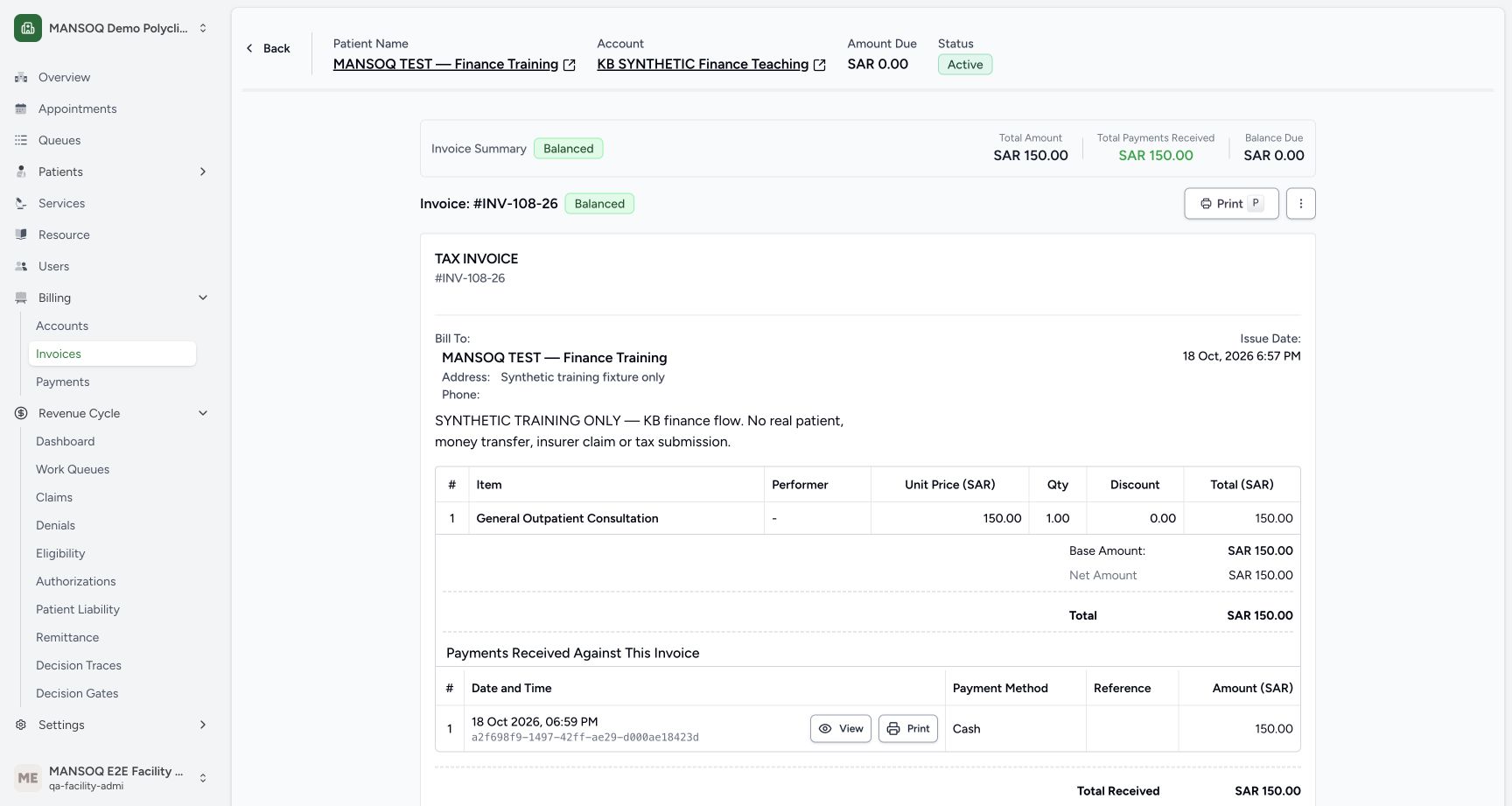 A separate authenticated normal product API PUT containing only status=balanced succeeded after the invoice was fully paid. This refreshed UI readback does not prove the defective Mark as balanced UI action works.