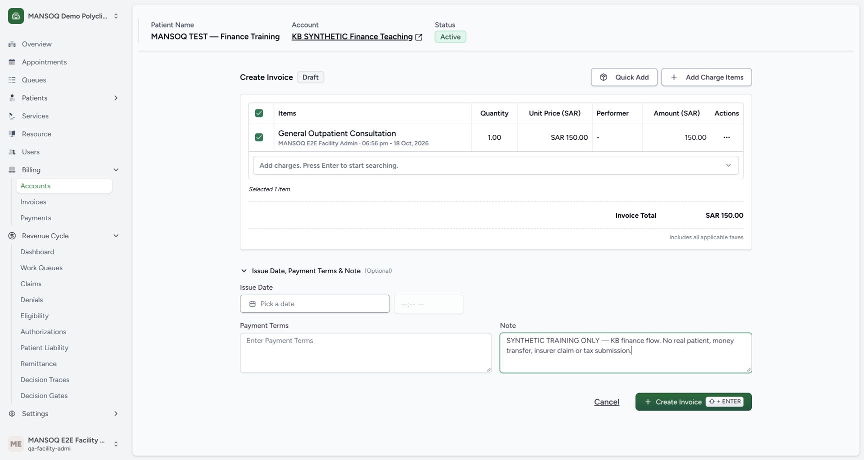 One configured150 SARcharge is selected and the note explicitly marks the entire self-pay finance flow as synthetic. Creation makes a draft rather than a tax-qualified electronic invoice.