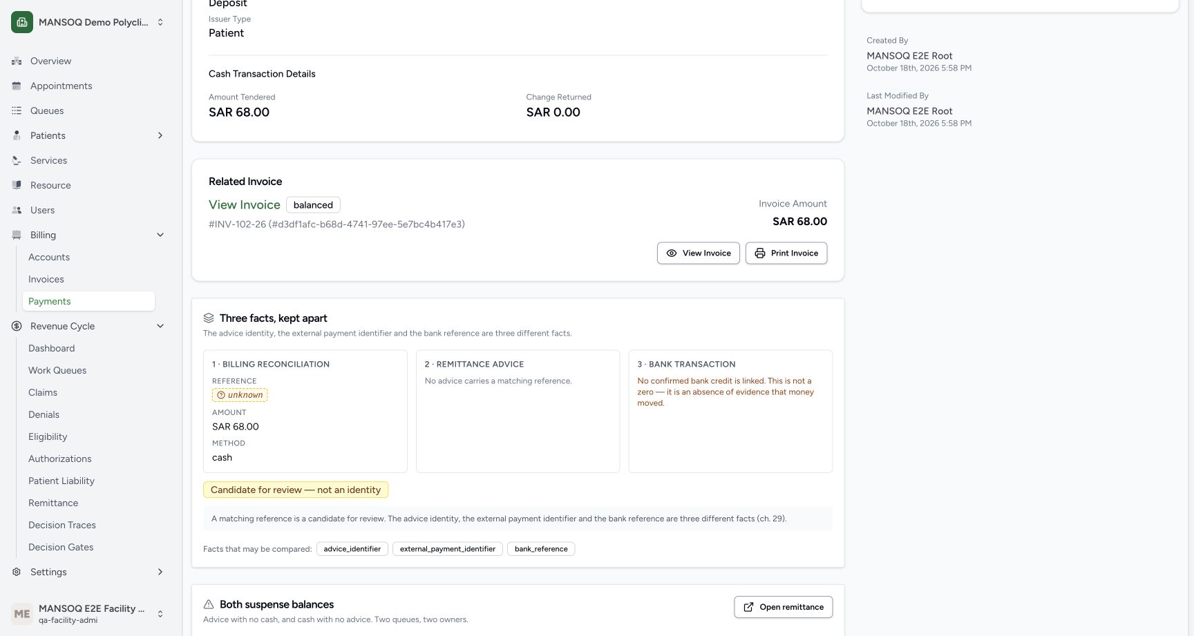 The seeded receipt has a billing reconciliation amount but no matching remittance advice or confirmed bank credit. A string match would be a review candidate, not proof of identity.
