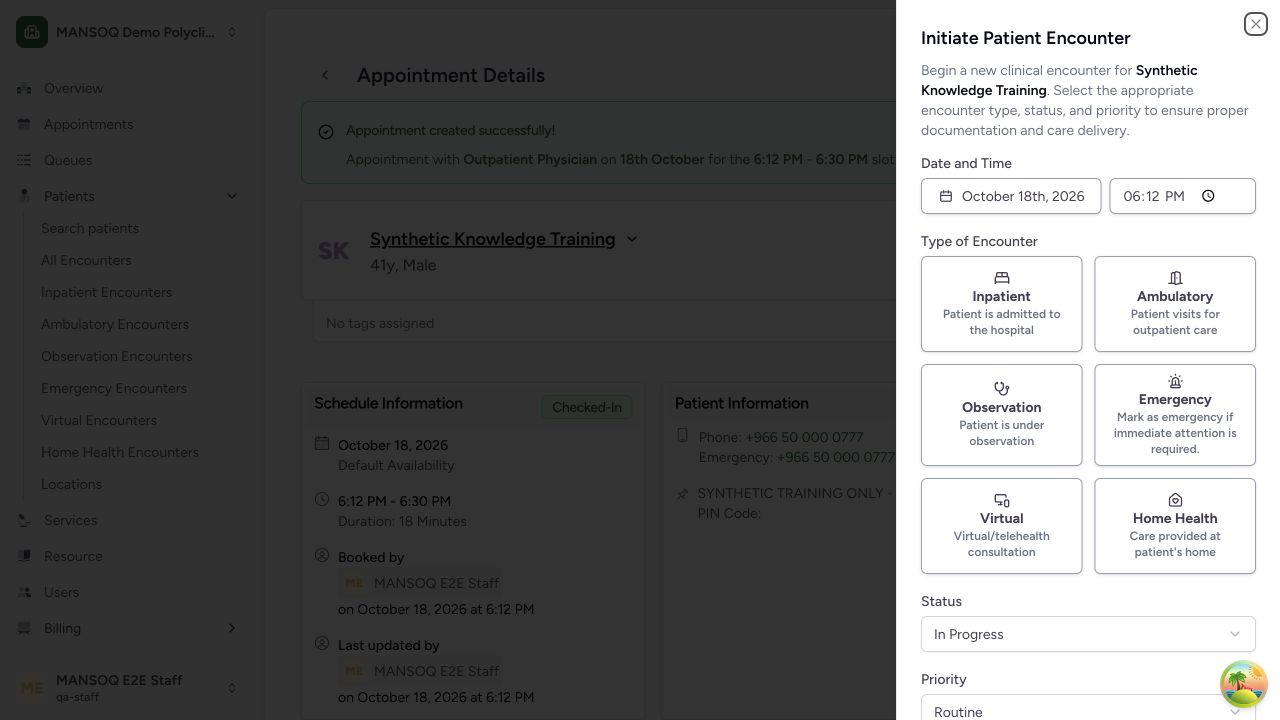 Choose encounter class status priority and department in the real MANSOQ application using explicitly synthetic training records.