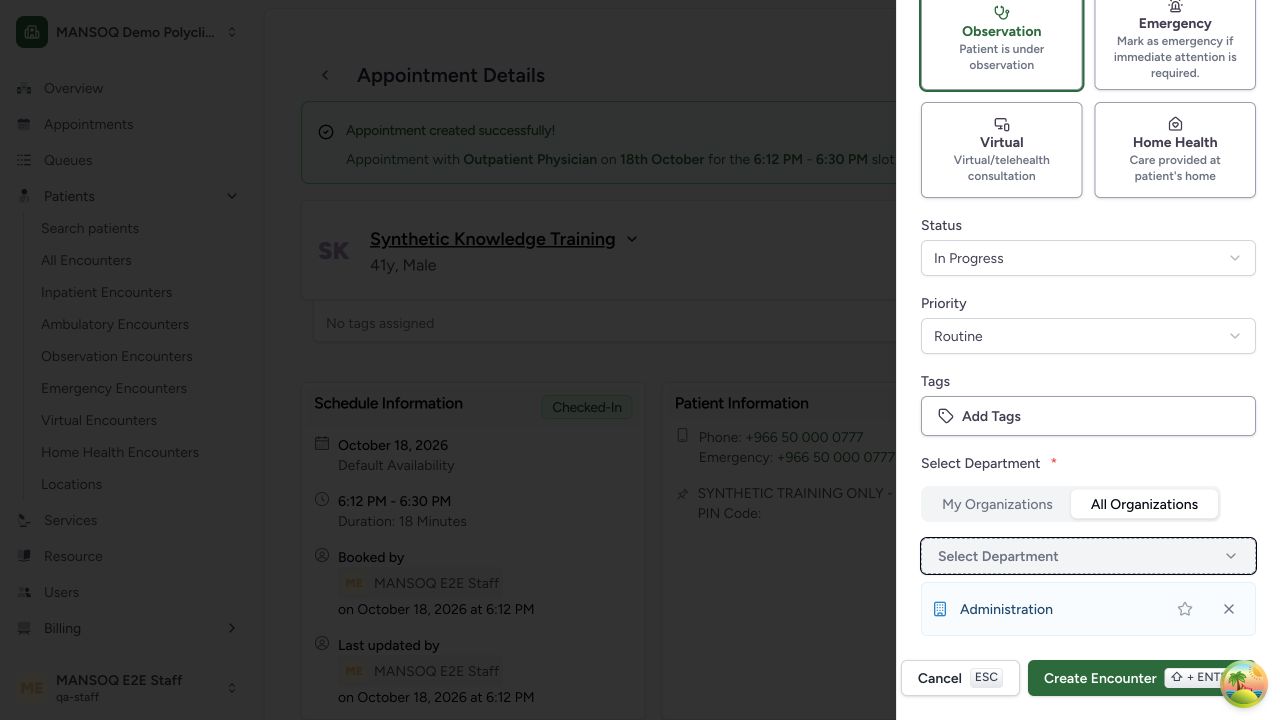 Review the synthetic observation encounter before creating it in the real MANSOQ application using explicitly synthetic training records.