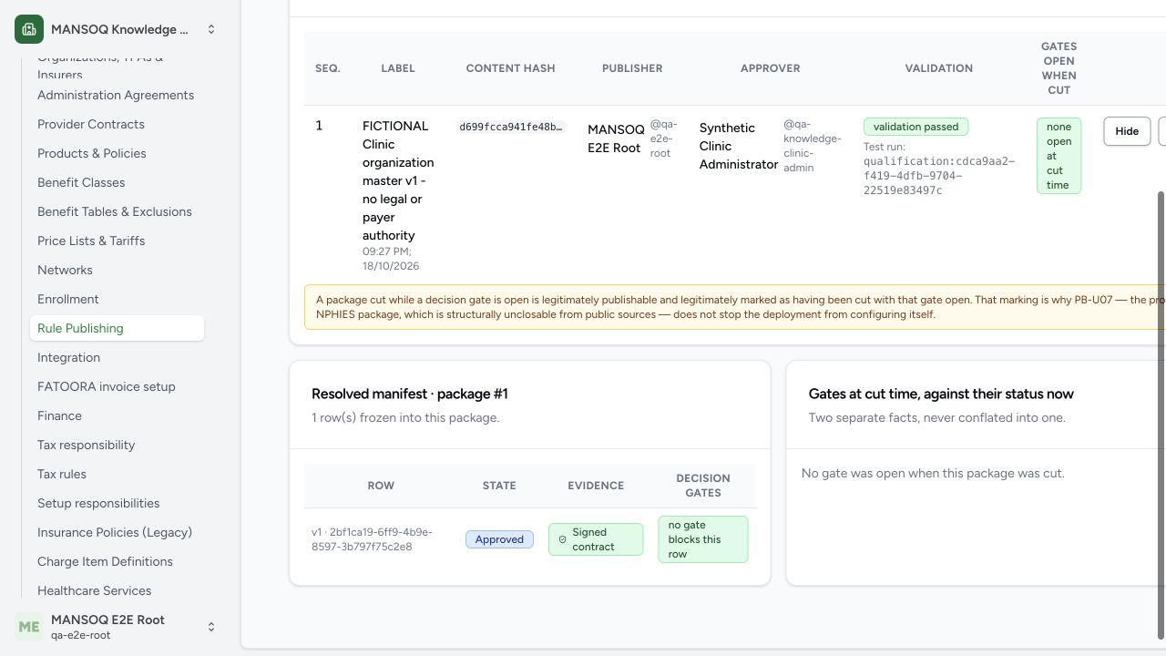 The package inspection names exactly one frozen Approved organization-master row and its local mock Signed contract classification. It establishes no actual signed agreement, licence, tariff, benefit, entitlement, medical rule, live payer connection or government/customer UAT. Approved remains not engine selectable.
