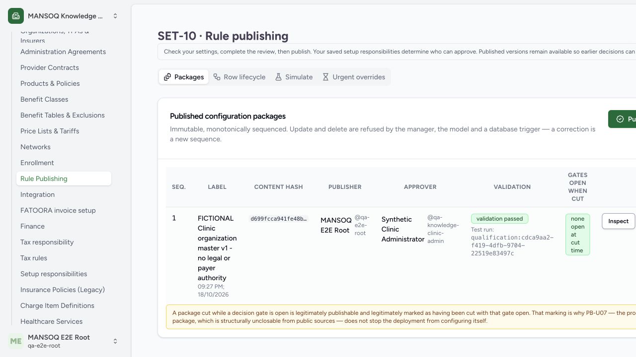 Actual maker UI Publish saved immutable sequence 1 with a distinct existing Clinic approver and current server-issued qualification. The one-use reviewer code was issued normally and never included in screenshots. No gate was open in this separate one-row Clinic candidate; this says nothing about the protected Polyclinic gates.