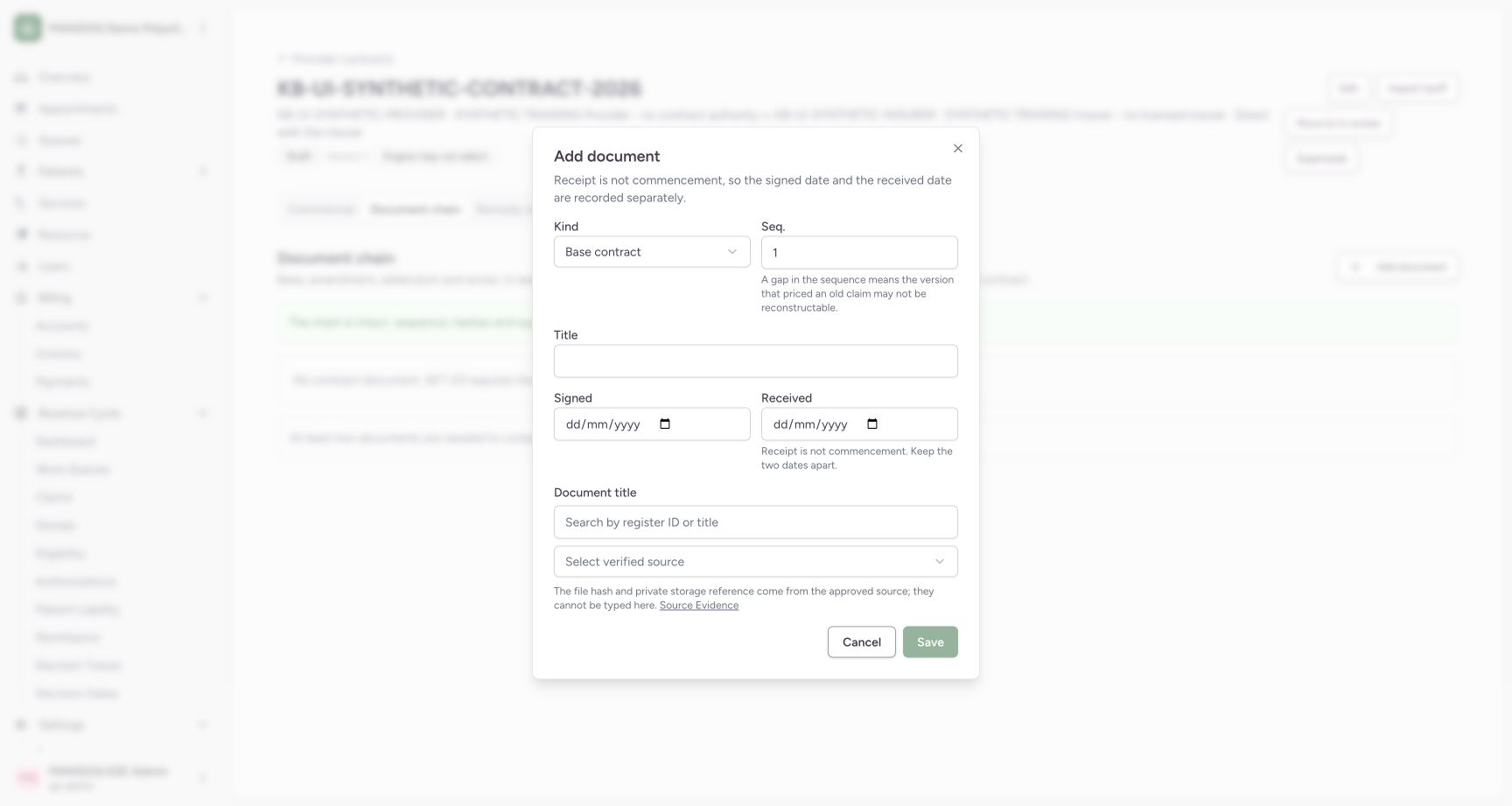 The document dialog distinguishes base/amendment/addendum/annex, sequence, signed date, received date and a verified source selector. Hash and private storage reference derive from the selected verified source rather than editable text.