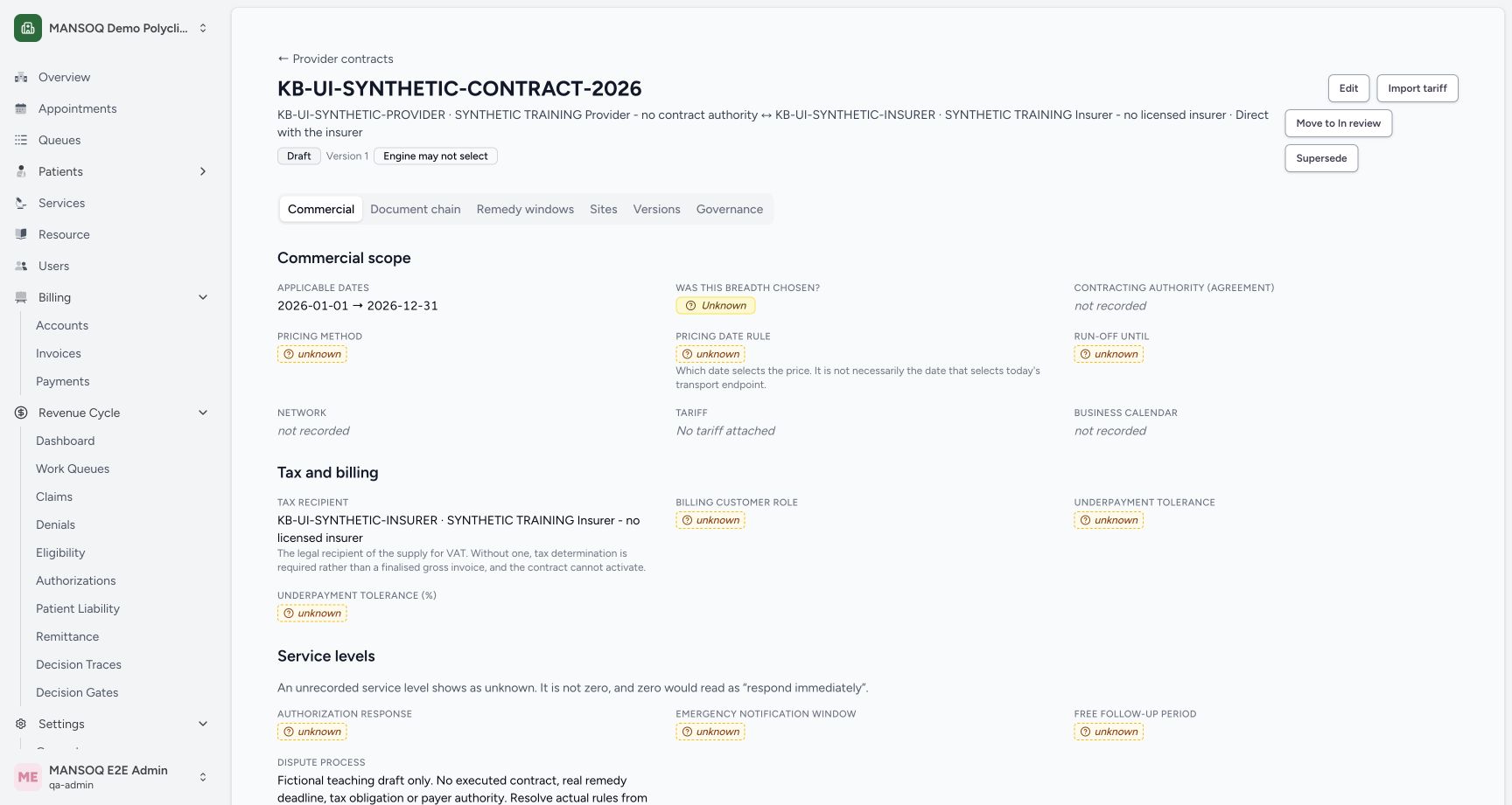 The UI-created contract persisted its period and fictional parties, remains Draft/not engine selectable and shows missing pricing method/date rule, network, tariff, calendar, billing customer role and service levels as unknown. Unknown values are not zero or defaults.