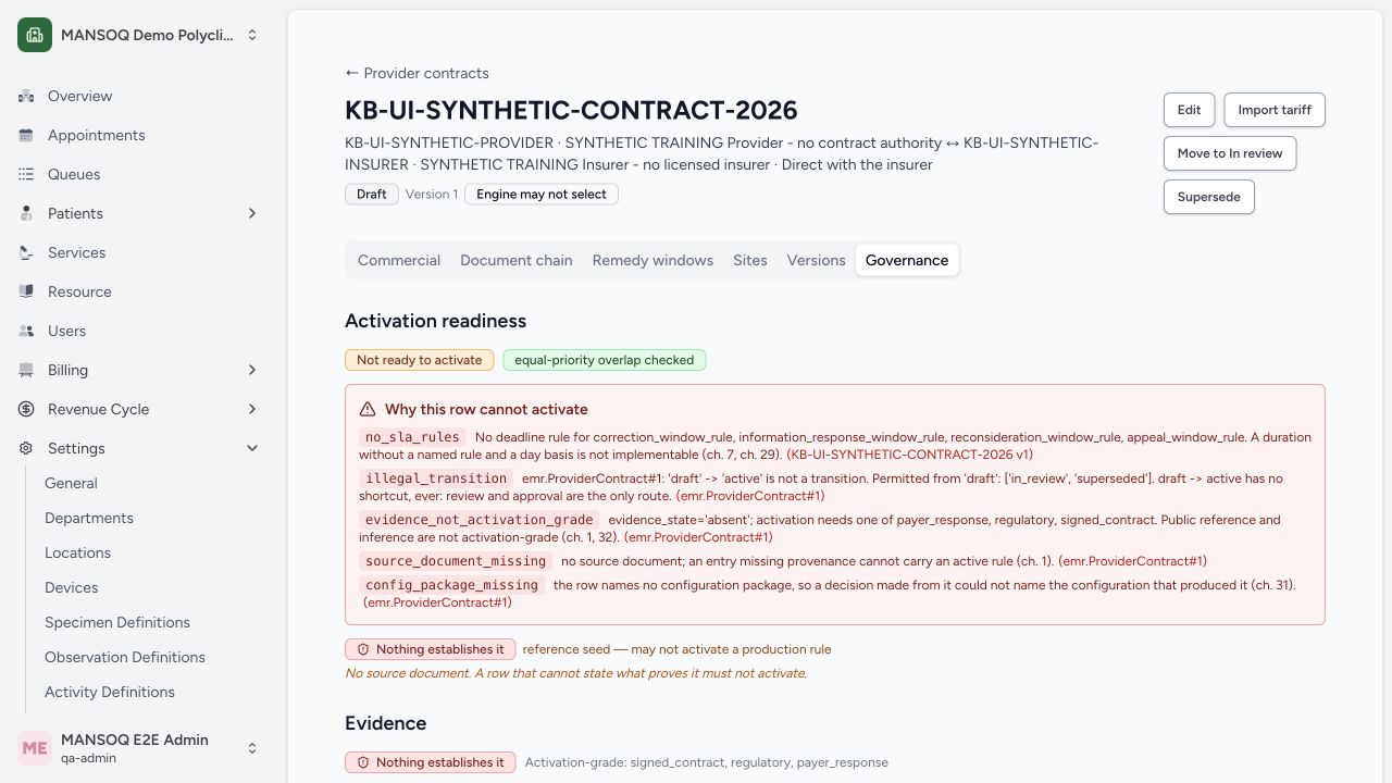 After reloading, the signed-chain missing error is gone, but missing four SLA rules, direct draft-to-active transition, contract evidence/source and package still prevent activation. A chain link does not automatically attach contract-level provenance.