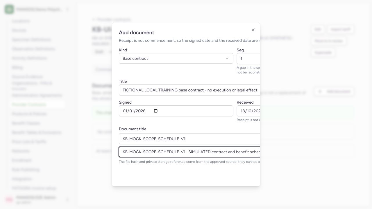 Actual Admin UI selected the independently reviewed mock source, base kind, sequence 1, fictional title and separate signed/received dates. At 1280px the dialog clips its right side; this frame proves source selection, not a visible Save control.
