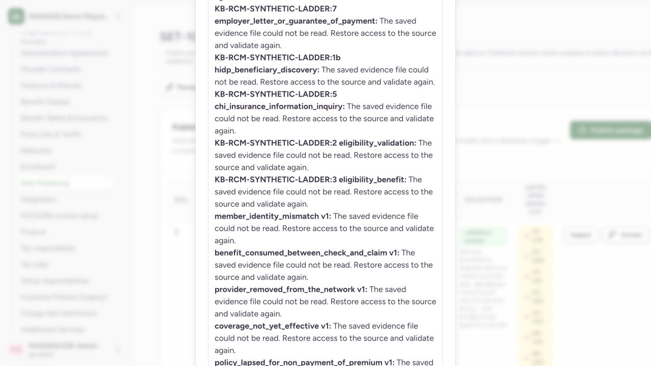 Actual server qualification checked 25 existing Polyclinic settings and refused all because their legacy synthetic URI sources have no readable retained bytes. All 25 gates remain. At 1280x720 the 2870px dialog overflows and clips header/footer; this frame shows the middle of the refusal list, not the complete report.