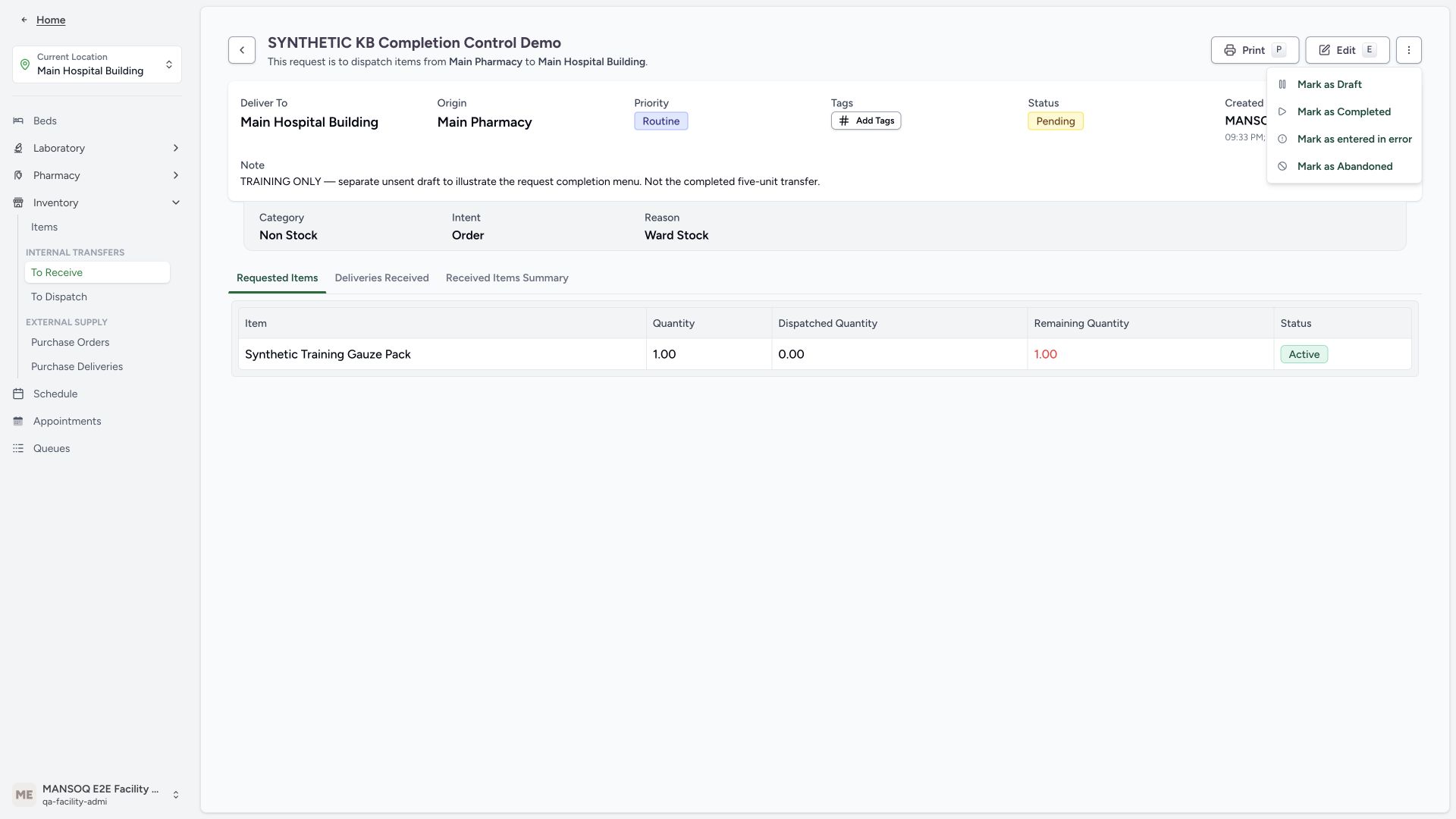 Abandon an unfulfilled synthetic request. Actual application with explicitly synthetic training data.