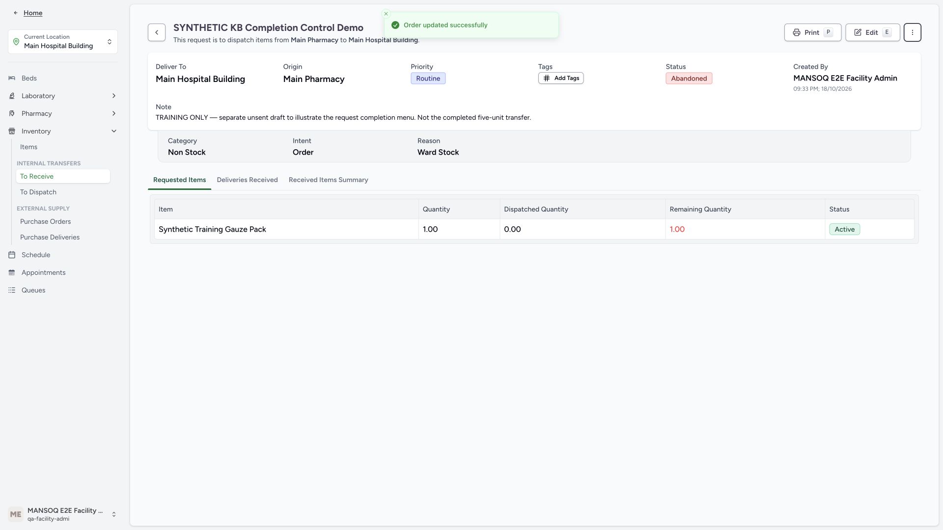 Abandoned request preserves its unfulfilled quantity. Actual application with explicitly synthetic training data.