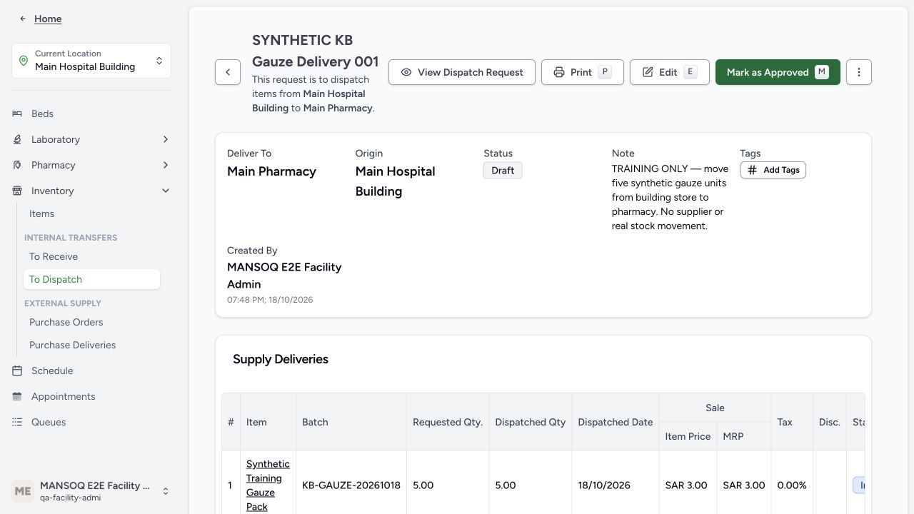Review the saved dispatch allocation before delivery approval. Actual application with explicitly synthetic training data.