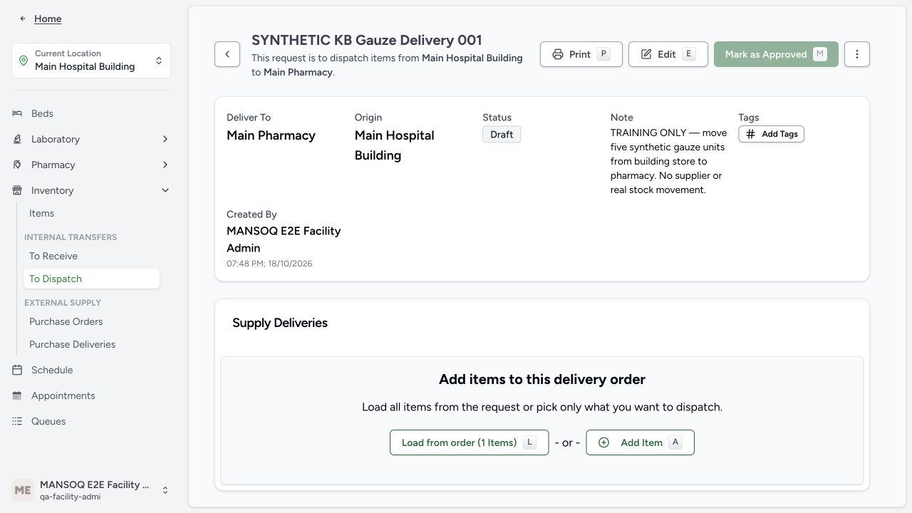 Load approved request items into a delivery. Actual application with explicitly synthetic training data.