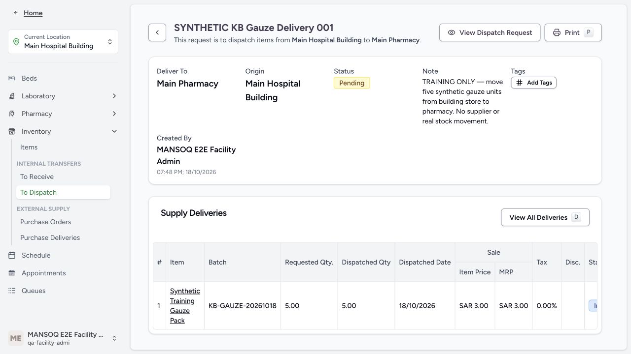 Approved internal delivery awaiting receiving confirmation. Actual application with explicitly synthetic training data.