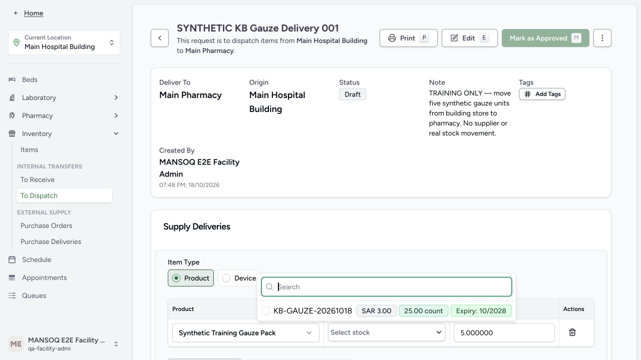 Choose available physical batch at the supplying store. Actual application with explicitly synthetic training data.