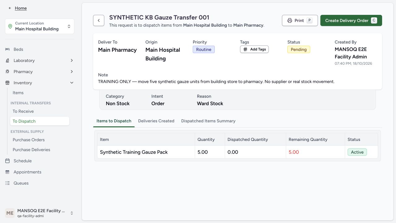 Prepare a delivery against an approved internal request. Actual application with explicitly synthetic training data.