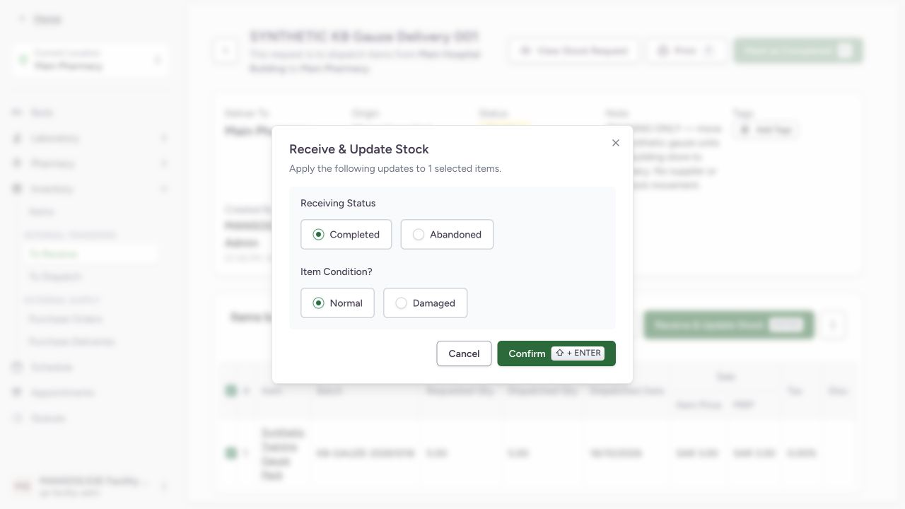 Confirm completed normal internal receipt. Actual application with explicitly synthetic training data.