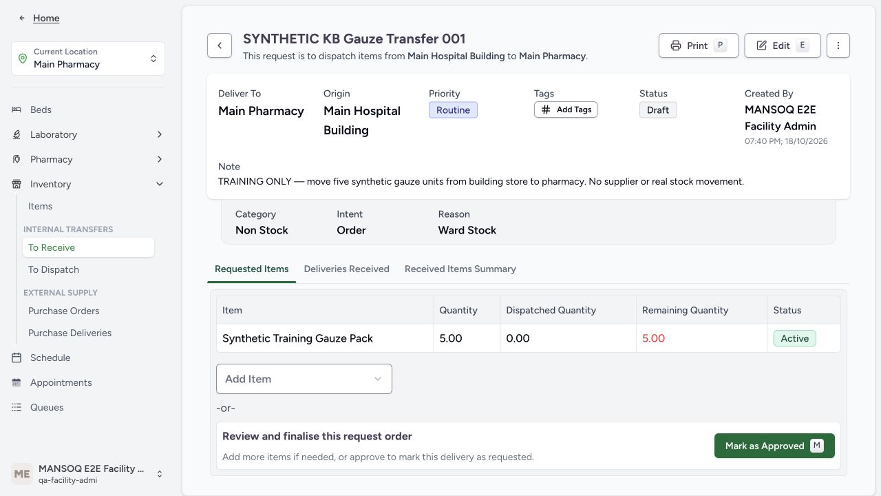 Approve the saved internal stock request. Actual application with explicitly synthetic training data.