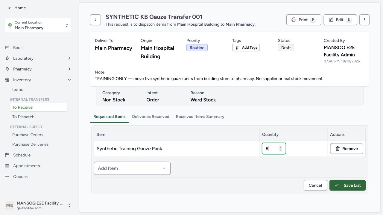 Set internal request quantity before saving the list. Actual application with explicitly synthetic training data.