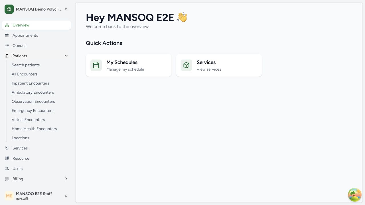 Find patient and encounter workspaces in the real MANSOQ application using explicitly synthetic training records.