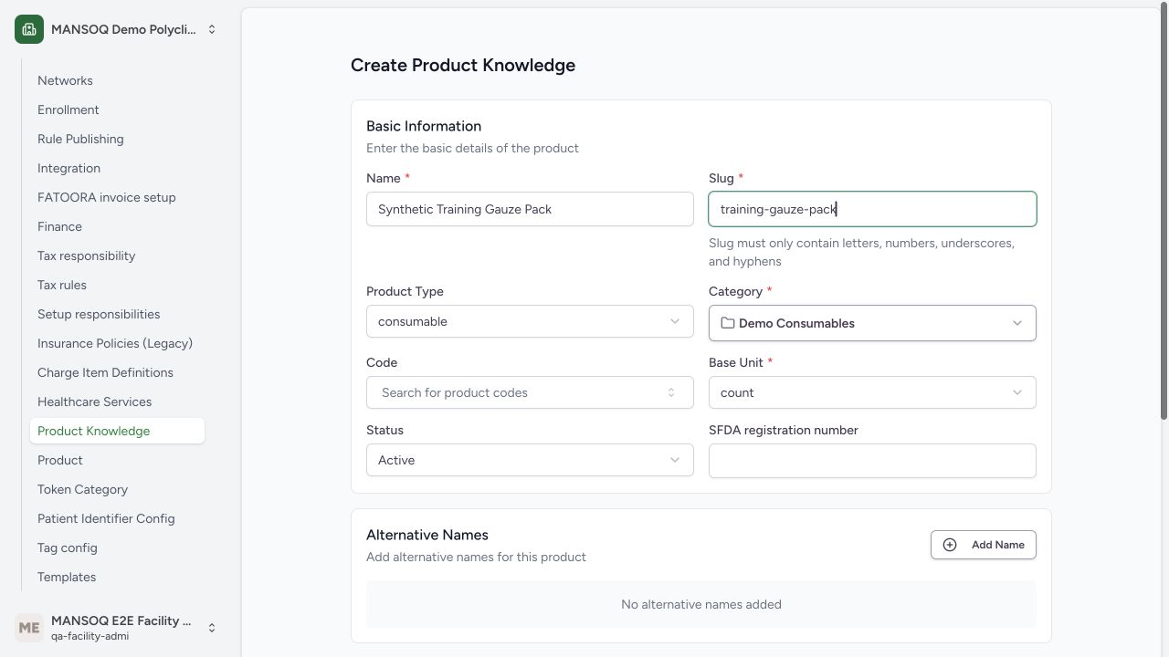 Reusable consumable product definition ready to create in the real MANSOQ application using explicitly synthetic data.