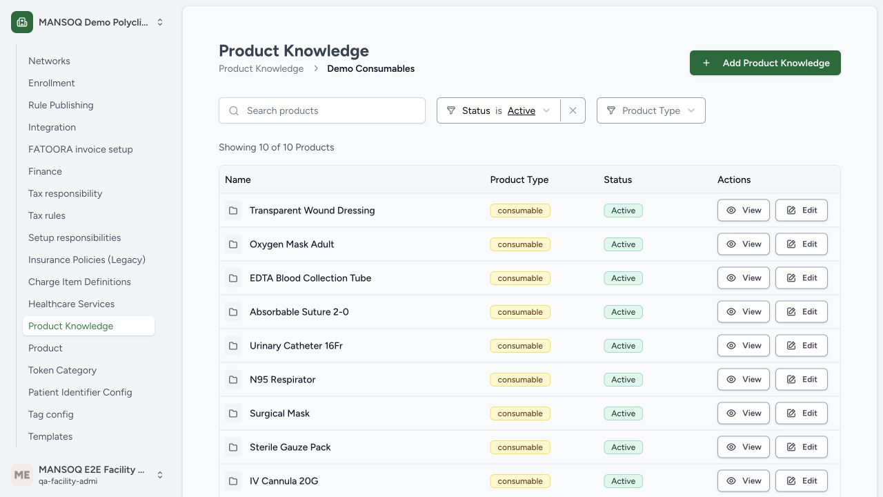 Product knowledge catalogue and active consumable filter in the real MANSOQ application using explicitly synthetic data.