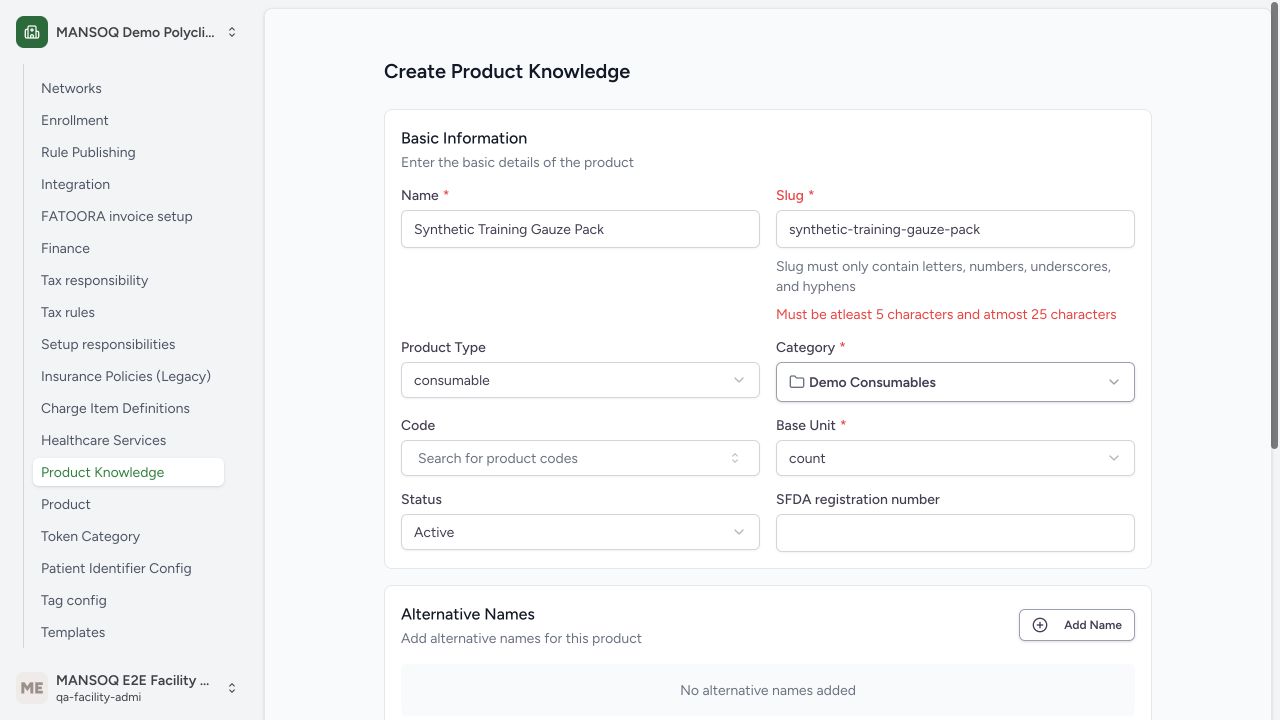 Product knowledge slug length validation in the real MANSOQ application using explicitly synthetic data.