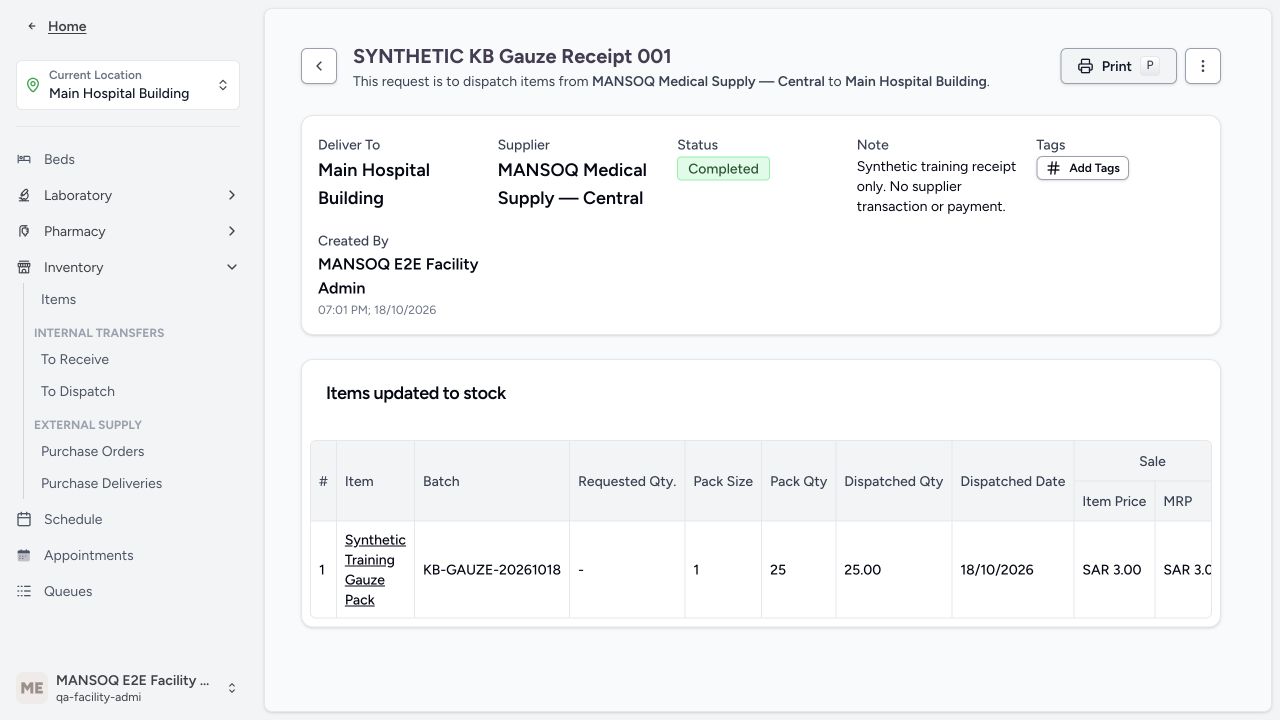 Completed synthetic purchase delivery in the real MANSOQ application using explicitly synthetic data.