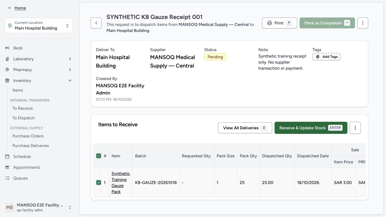 Receive approved synthetic stock into the selected location in the real MANSOQ application using explicitly synthetic data.