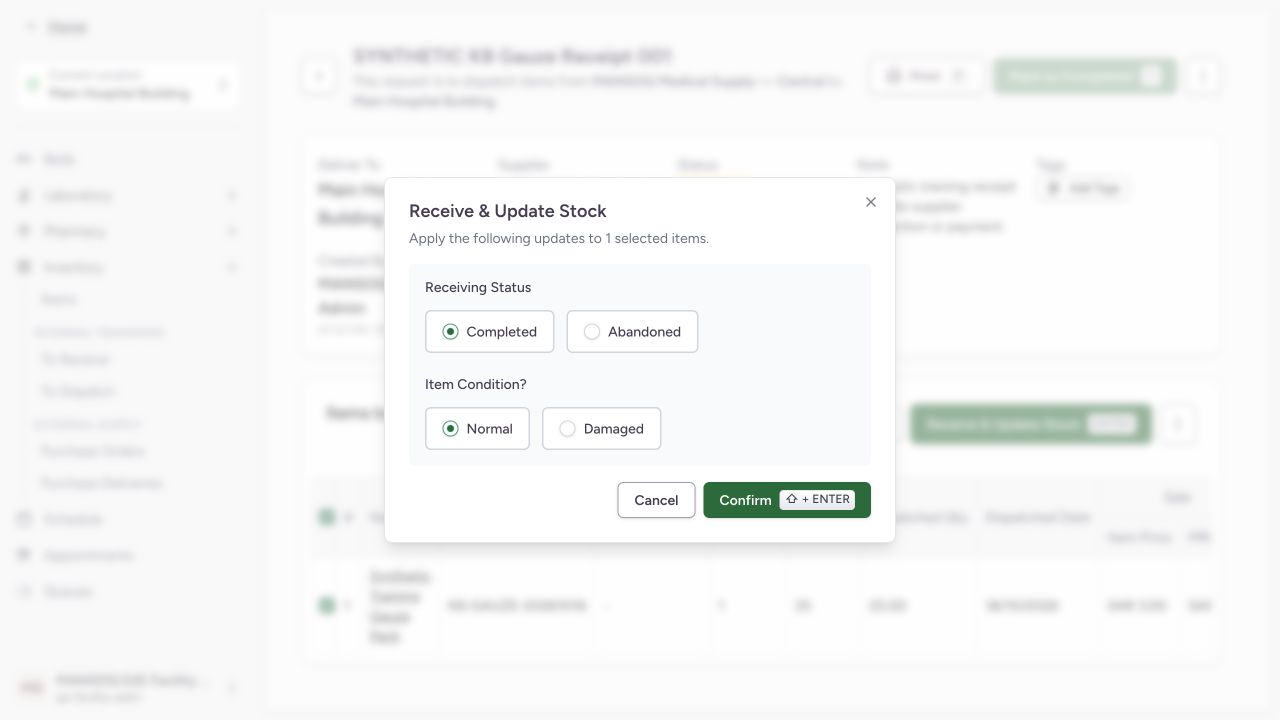 Confirm receiving status and item condition in the real MANSOQ application using explicitly synthetic data.