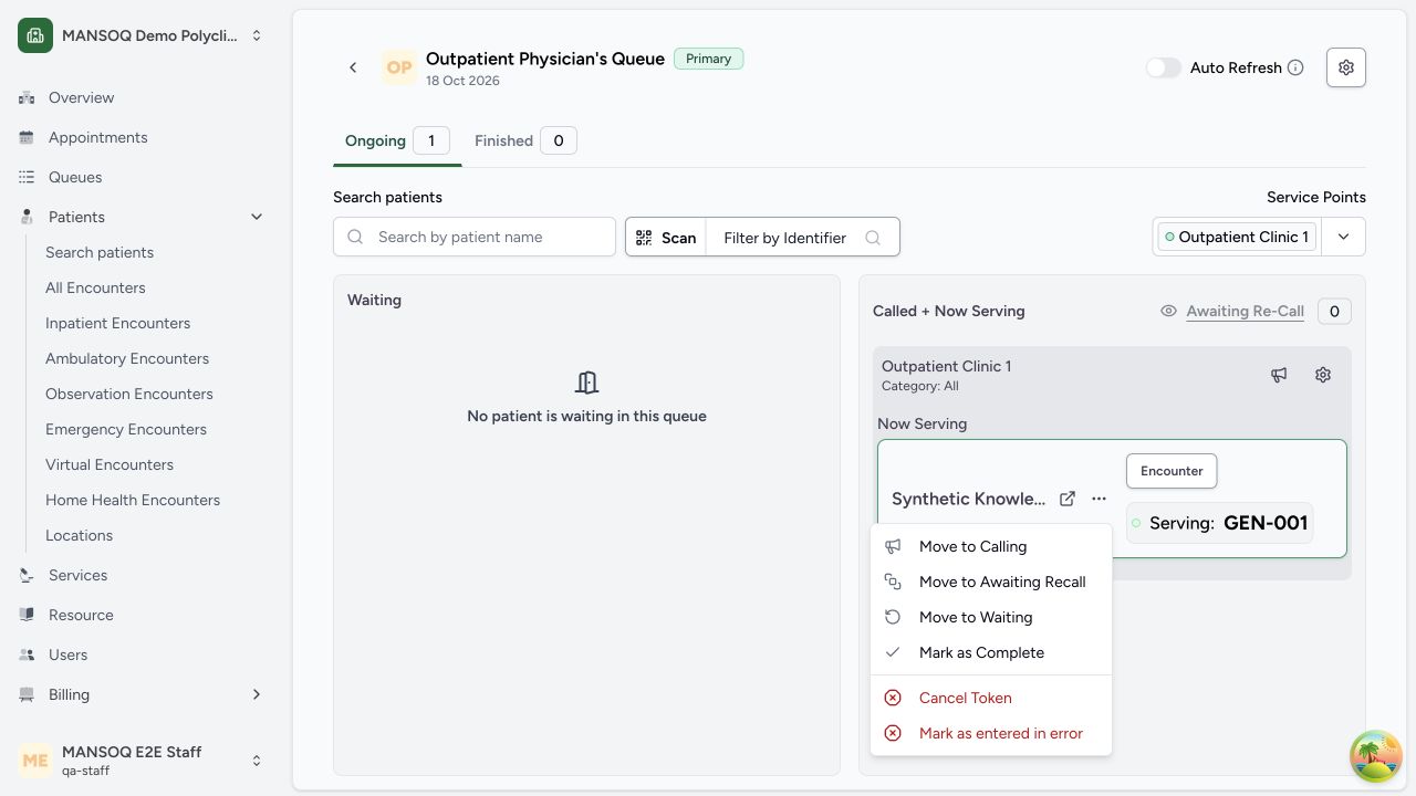 Queue token status actions and correction options in the real MANSOQ application using explicitly synthetic training records.