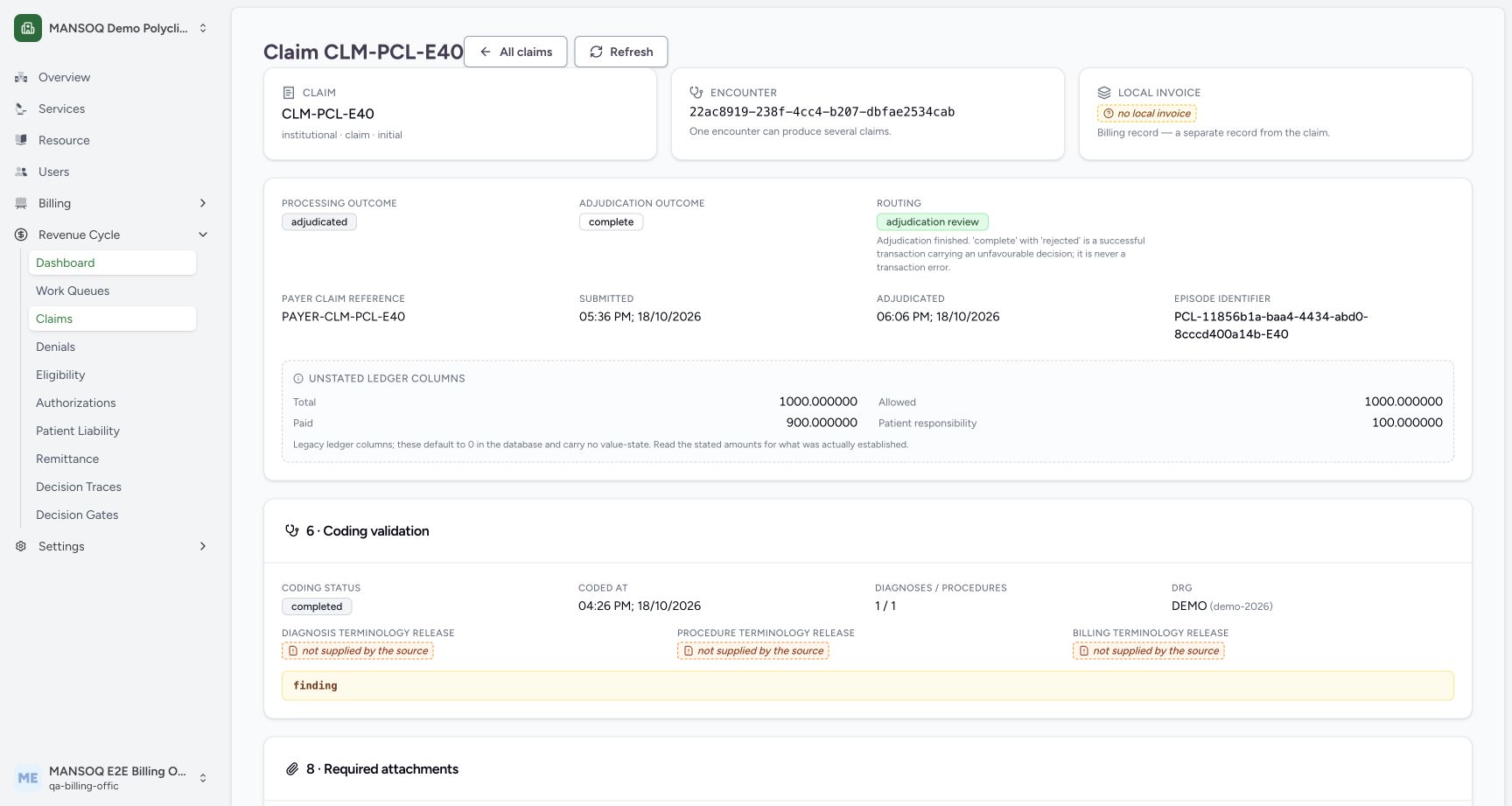 The synthetic E40 claim has distinct encounter and claim identities, no local invoice, unstated ledger columns and missing terminology release evidence.