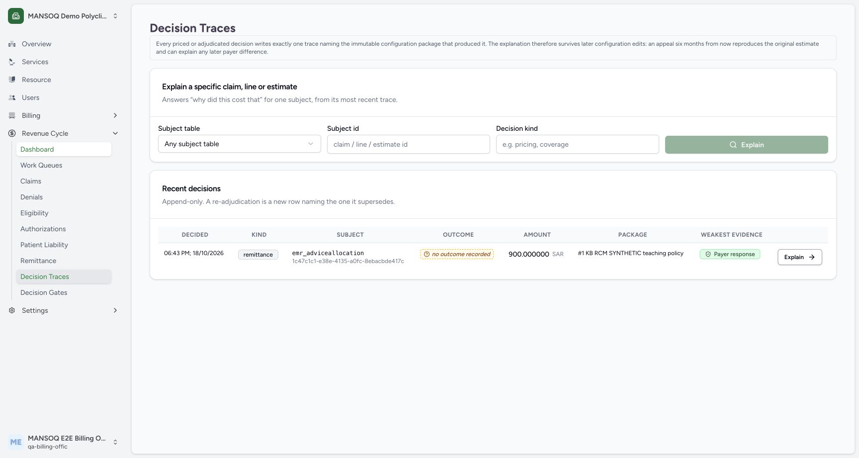 One source-backed synthetic remittance trace records900 SAR and an immutable teaching package; the evidence label derives from the deliberately fictional response fixture.